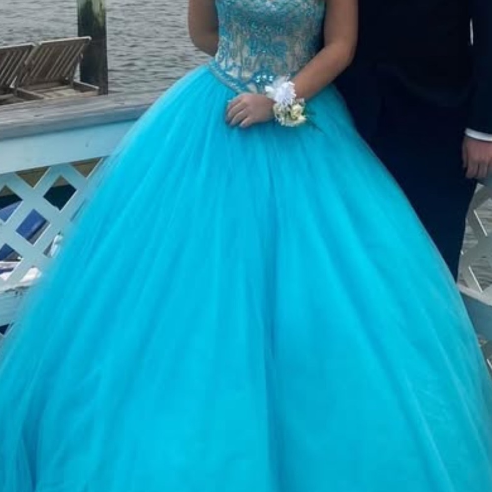 Arden B Blue Embellished Tiered Prom Gown